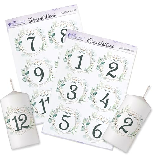 FEENSTAUB Kerzen Tattoos Hochzeit, Kerzen verzieren, Hochzeitsdeko Eukalyptus, Kerzen selbst gestalten, Tischdeko, Tische nummerieren 7-12, Aufkleber für Kerzen, Wasserschiebefolie bedruckt Eukalyptus