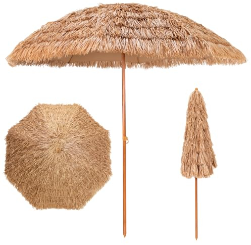 KOMFOTTEU Sombrilla de Playa de Paja PP, Sombrilla Hawaiana Ø 205 cm con 8 Costillas de Metal, Parasol Portátil con Botón de Presión para Jardín, Balcón, Terraza, Natural