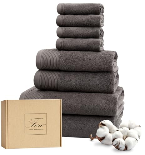 Ferò Luxus Handtücher Set Baumwolle, 8 Teile, Low Twist Baumwolle, 550 g/m², Oeko-TEX, Italienisches Design, 2 handtücher 70x140cm, 2 Handtuch 50x100cm, 4 Gästehandtuch 30x30cm, Grau