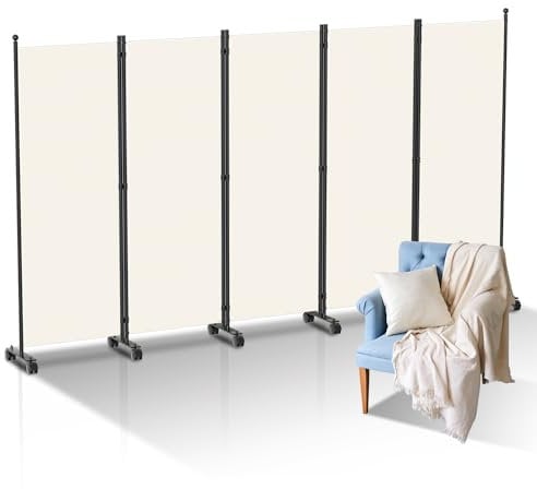 Ansobea Paravent Raumteiler auf Rollen, Trennwand Faltbar 5-teilig 284x181x30cm,Sichtschutzwand für Balkon,Spanische Wand Sichtschutz aus Polyesterfaser,Paravent Einfache Installation(Beige)