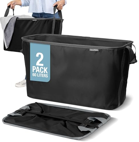 CleverMade Collapsible Laundry Basket 2 Pack – 60L (16 Gal) Foldable Clothes Hamper with Reinforced Handles, Space Saving Fabric Laundry Bin, Holds 55 lbs, Flat Folding for Home & Travel - Black