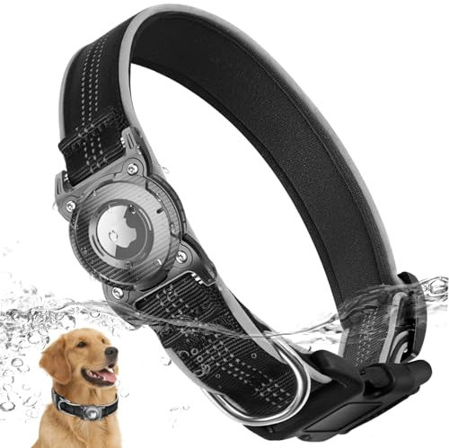 ONEONTA Airtag Hundehalsband Wasserdicht | Airtag Hund - Airtag Anhänger Hund mit Abnehmbarer Metallschlaufe, Weich Gepolstertes Neopren Nylon, Reflektierend, Verstellbare für Airtag Hunde, Schwarz,XL