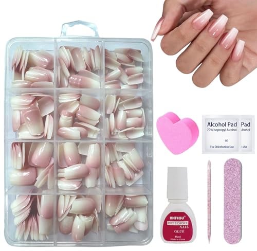 DMQ Ombre Press on Nails Kit with Glue, 240Pcs Coffin Natural Gradient Pink False Nails, Short Acrylic Fake Nails Pink Tips, 12 Sizes Glossy Full Cover Stick on Nail for Women Girls Nails Art