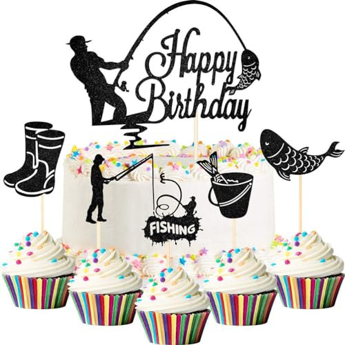 Packung mit 6 Angeln Kuchen Topper, Happy Birthday Kuchen Dekoration Fisch Angeln Dekoration Geburtstag, Fischer Kuchen Topper für Kuchen, DIY Dekoration für Jungen und Männer, Geburtstagsparty