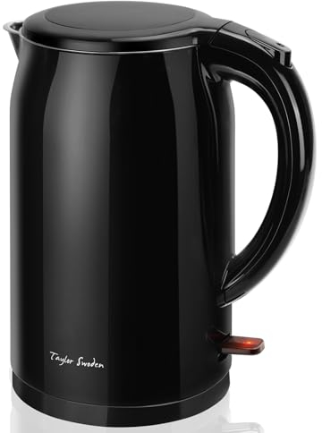 Taylor Swoden Petite Bouilloire Electrique Inox 1,5 Litres, Bouilloire électrique Isolée à Double Paroi, Bouilloir Avec Double Fonction de Protection, Sans BPA, Base 360°, 2200 W, Noire