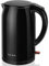 Taylor Swoden Elektrischer Wasserkocher Klein 1,5 Liter, Doppelwandige Isolierung Wasserkocher Edelstahl, Doppelte Schutzfunktion Electric Kettle, BPA-frei, 360° Basis, 2200 W, Schwarz