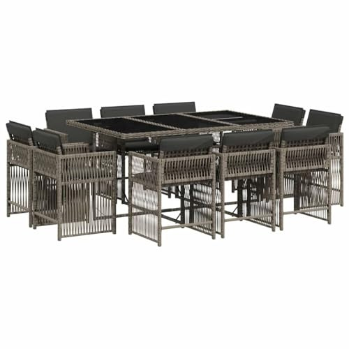 vidaXL Garten Essgruppe 9-TLG., Gartenmöbel Set Tisch mit 8 Stühle, Gartengarnitur mit Kissen, Sitzgruppe Essgarnitur Terrasse, Grau Poly Rattan