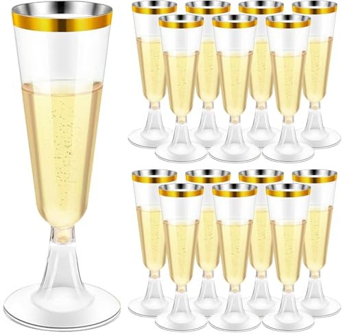 WZHHDM Champagne Glass, 30Pcs Plastic Champagne Flutes, Reusable Rose Gold Rimmed Champagne Flutes, Plastic Toasting Glasses for Whiskey Champagne Beer Dessert Pudding Mousse Party