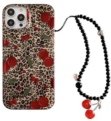 aaknhen Leopard Cherry Phone Case Compatible for iPhone 16 Pro Max,Cute Trendy Cheetah Print Design with Wrist Strap Charm Chain,Summer Fruit Protective Cover for Girl Women 6.9 inch