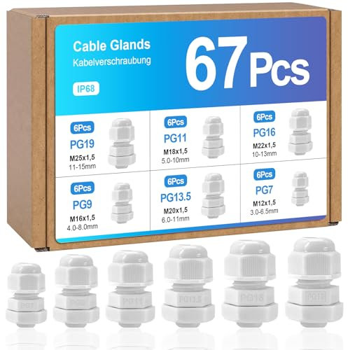 67 Pcs Adjustable Cable Glands, IP68 Waterproof Adjustable 3-15mm Cable Connectors PG7 PG9 PG11 PG13.5 PG16 PG19 Plastic Nylon Cable Connectors Gland Joints Locknut Stuffing Glands White