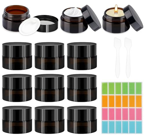 Lot de 12 boîtes vides en verre ambré à remplir avec autocollants et 2 spatules, pots en verre avec couvercles, pots à pommade 5 ml pour lotions, crèmes, huiles essentielles