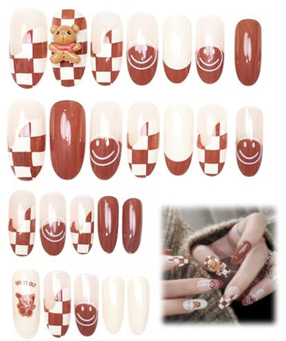 PEXIVOZ 24 Pièces Faux Ongles,Faux Ongles avec Colle Souple,Légers,Confortables et Réutilisables,Ensemble d'ongles en Gel Kawaii,Cadeau pour Filles,avec Colle (Marron)