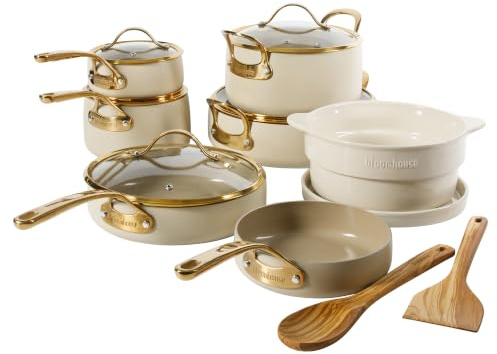 Bloomhouse 15 Piece Pots and Pans Heavy Duty Aluminum Premium PFA Free Ceramic Nonstick Dutch Oven Pot with Lid - Almond Cream w/Gold Handle