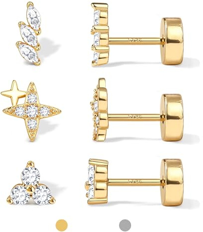 Dochais 3 Paar Ohrstecker Silber 925 für Damen Herren Ohrringe Silber 925 Stecker 14 Karat Vergoldet Kleine Ohrstecker Hypoallergenes Ohrringe Set Zirkonia Cartilage Knorpel Helix Conch Piercing Ohr