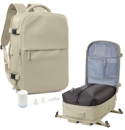 suradar Sac a Dos sous Vide Voyage Cabine Avion avec Pompe, Bagage Cabine 45x36x20 Easyjet Compression Cous Vide Sacs à Dos Ordinateur Portable 15.6 Pouces Homme Femme Kaki
