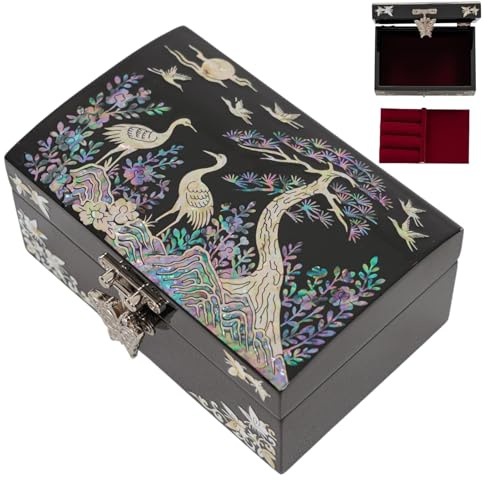 February Mountain Mother of Pearl Small Jewelry Box with mirror lid, Jewelry Storage Organizer for Earring, Necklace, Rings, Bracelet & Accessories, Gifts for women who have everything (Crane)