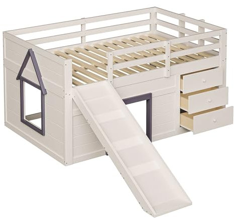 KecDuey Lit superposé pour enfant de 140 x 200 cm, avec toboggan, lit mezzanine basse avec trois tiroirs et deux portes, cadre de lit pour enfant avec sommier à lattes, crème