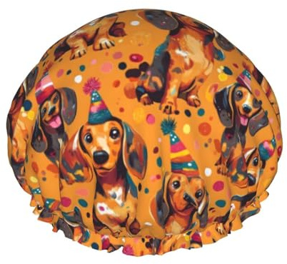 Large Shower Caps for Women Reusable - Festival Sausage Dogs Print Double Layer Hair Cap for Shower with Peva Lining and Elastic Rope