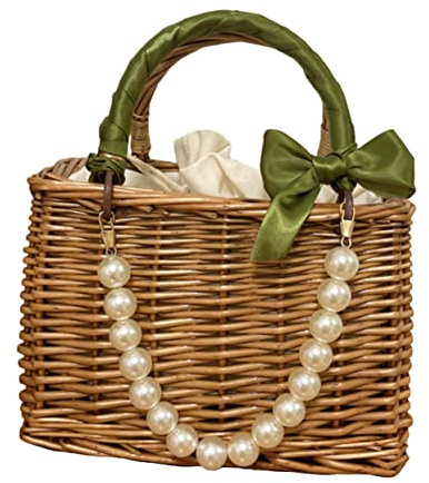 Stroh Sommertasche 27x23x13cm aus Korbweide, Damen Handtasche | Perlenkette, Doppelgriff, Boho Stil, für Strand, Alltag und Sommer, Robust Verarbeitet