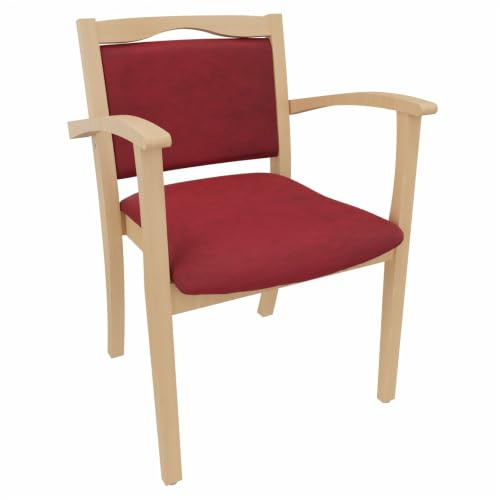 Erides Seniorenstuhl Alexander mit Armlehnen – Pflegestuhl, Buche massiv, gepolstert, ergonomisch, stabil, fertig montiert, für Senioren, Pflege & Praxis (Profi-Clean-Stoff, Como Rot)