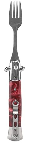 HNBGNNMRO Klappbare Feder-Campinggabel, Klappgabel aus Edelstahl, automatische Federgabel mit einem Knopfdruck und ergonomischem Griff, tragbare Taschengröße für Wandern, Camping, Picknick (Rot)