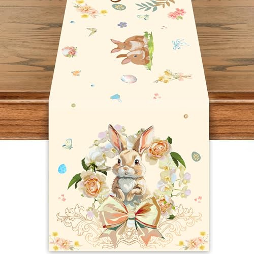 Tasoraor Hase Ostern Tischläufer Deko - Happy Oster Blume Design Tischdecke(180x35 cm), Waschbar Tischdecken Esstisch Kommode Couchtisch für Frühlingsdeko Osterdeko Drinnen und Draußen