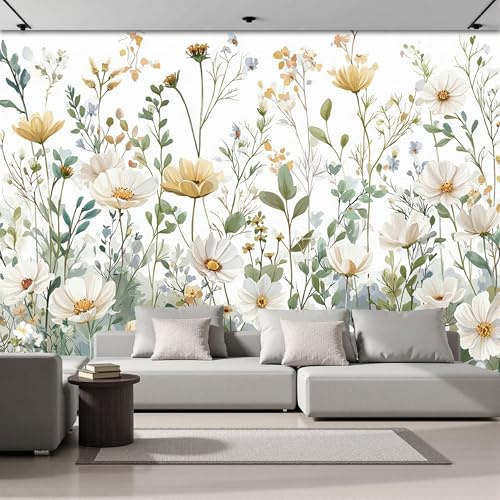 ZISTRCBAO Papier Peint Panoramique Fleurs Aquarelles, Papier Peint Fleurs Naturelles Simples, Fresque Murale Soie Décoration Murale Pour Salon Chambre Bureau 400x280cm (Non Adhésif)