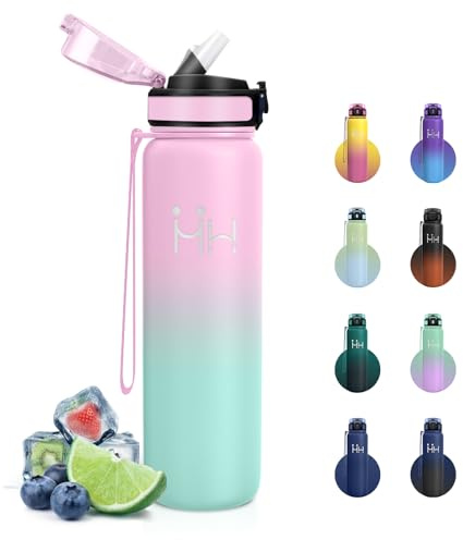 Gourde Inox 1L Sport, Bouteille Isotherme avec Paille, Anti-Fuite et sans BPA, Légère et Résistante, Bouteille D'eau pour Fitness, Camping, Activités de Plein Air