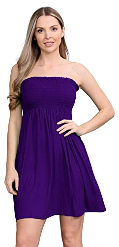 janisramone® Womens Bandeau Dress, Boob Tube Sheering Ruched Flared Mini Dress, Plain Strapless Summer Dresses, Perfect Holiday & Beach Dresses for Women UK Purple