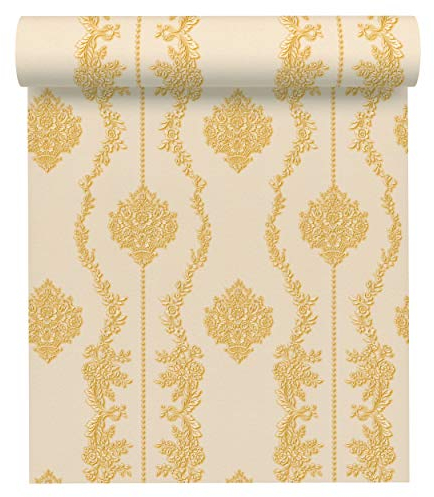 A.S. Création Vliestapete Chateau 5 Tapete mit Ornamenten barock 10,05 m x 0,53 m creme gelb metallic Made in Germany 344934 34493-4