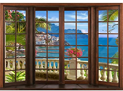 Runa Art Fototapete Fenster zum Meer Modern Vlies Wohnzimmer Schlafzimmer - Made in Germany - Bunt Braun 9363010a