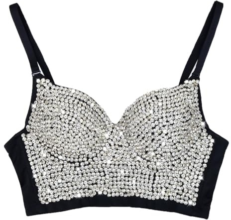 ELLACCI Damen Strass Diamant Push Up Bustier Crop Top Sexy Punk Korsett BH Schwarz