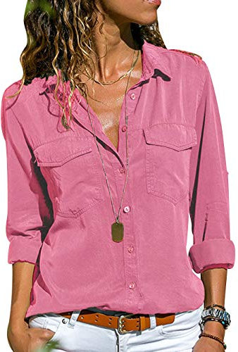 Camicia Chiffon Donna Camicette Oversize Camicie Manica Lunga Scollo V Blusa Cerimonia Signora Eleganti Camicetta Bluse Larghe Elegante Camicioni Stretch Top Slim Leggere Primavera Classica Rosa M