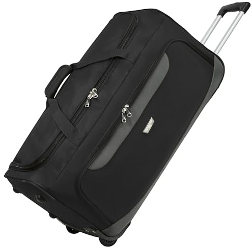 Rocklands® Lightweight Wheeled Holdall Medium Duffle Trolley Suitcase Thick Heavy-Duty Cross Nylon EVA-Backed Front, Hard Base Travel Bag (Medium - 28 (H72xW37xD36 cm), Black)