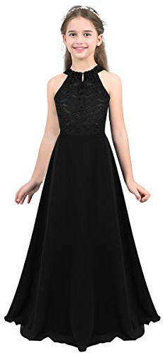 Freebily Enfant Robes Demoiselle d'honneur Cérémonie Dentelle Fille Longue Robe Mariage Soirée Communion Fête Anniversaire Baptême Princesse Noir 6 Ans