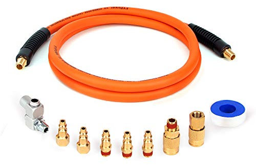 FYPower 10 Pieces Hybrid Lead-in Air Hose kit, 3/8 Inch x 6 ft Whip Air Compressor Hose Kit, 1/4 NPT Air Coupler and Plug, Industrial Solid Brass Quick Connect, 360° Swivel Connector