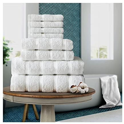 FAIRWAYUK Juego de Toallas de 8 Piezas para baño, Ultra Suaves, absorbentes, 100% algodón Egipcio, 4 Caras, 2 Toallas de Mano, 2 Toallas de baño, Color Blanco