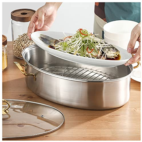 Olla De Vapor De Acero Inoxidable Multiusos - Olla De Pescado Al Vapor Ovalada Con Tapa De Vidrio Ventilada Para Cocinar Pescado Al Vapor, Mariscos