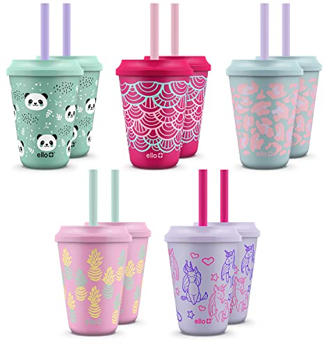 Ello Vasos para niños de 16 onzas que cambian de color con tapas y popotes, paquete de 10 (colores surtidos) (Fruit Pop)