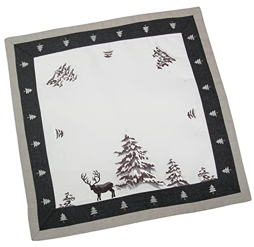 Weihnachten - Winter - Hirsch Stickerei Leinenoptik Polyester Mitteldecke ca. 57 x 57 cm, Grau - Weiß