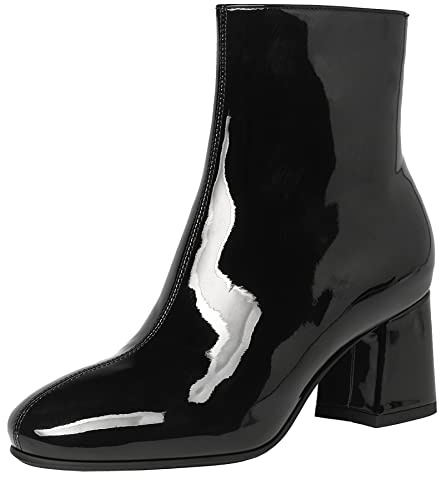 Elbslutt Women's Chunky Heeled Booties Patent Leather Square Toe Ankle Boots Zip Up Block Heel Wide Calf Short Boots, size 8, Black
