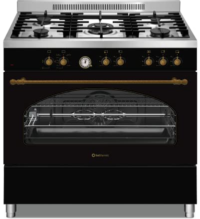 COCINA PROFESIONAL NEGRA RÚSTICA SOLTHERMIC CON HORNO A GAS CON TURBO (104 L), ENCENDIDO AUTOMÁTICO / 5 QUEMADORES (1 TRIPLE WOK) / ENTREGA A DOMICILIO Y RETIRADA DEL USADO GRATIS