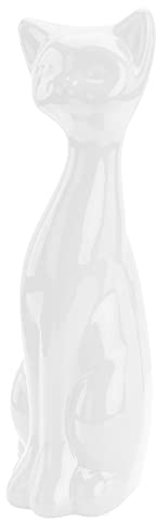 Katzenfigur Stehen Katze Statue Maße (BxH): 8x23 cm Weiß Glaziert Keramik Ornament Dekoration Glanz Geschenk Modern Glamour