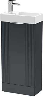 nuie FLT1420 Deco Modern Bathroom Floor Standing Part Fluted 1 Door Slimline Vanity Unit with Ceramic Basin, 400mm, Satin Anthracite