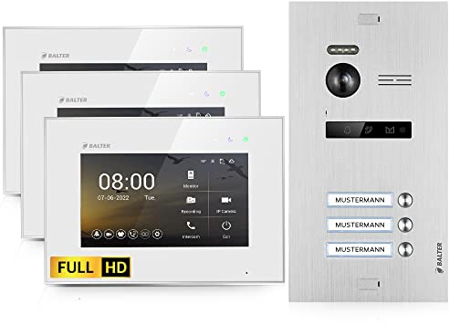 Balter EVO-HD Video Türsprechanlage, Video Türklingel mit Kamera, 3 familienhaus Klingel, 7 Zoll HD Monitor, Full HD-Kamera, 2 Draht Bus, Gegensprechanlage mit 175° Weitwinkel-Kamera