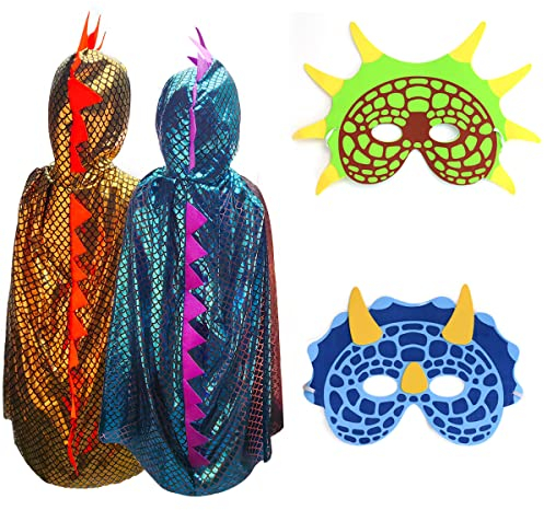Rtrin 2 Stück Karneval Dinosaurier Umhang, Dinosaurier Kostüm für Kinder 3-8 Jahren, Cosplay Kinder Köstum Cape mit 2 Stück Dinosaurier Maske für Halloween, Themenparty Karneval oder Geburtstagsfeier