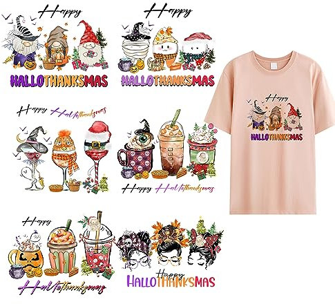 Halloween & Thanksgiving Iron On Patches & Transfers - Christmas Cup Decals & Stickers - Dwarf & Maple Leaves Appliques - Washable Heat Vinyl Transfer for T-Shirt, Clothing, Hat & Bag - 6 Pcs