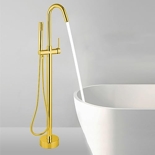 ZYCDP Robinet Baignoire Ilot,Mitigeur De Baignoire Autoportant Monotrou Avec Bec Rotatif À 360°,Robinet de Baignoire avec Douchette,Robinet Mitigeur Monotrou pour Baignoire,Or