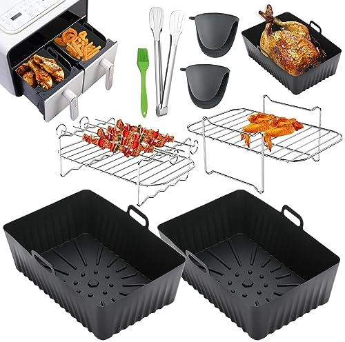 Silicone Air Fryer Liner,8 PCS Air Fryer Accessories for Tower Vortx T17100 Vizion Dual Basket,Air Fryer Racks,Oil Brush&Food Clip,Reusable Air Fryer Basket,Silicone Pot for Oven,Microwave,Black