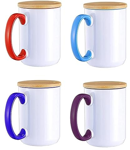 ziyuan Juego de Tazas de SublimacióN de 11 Oz Tazas de SublimacióN en con Tapa de Bambú, Tazas de Café de SublimacióN, de Café con Tapa Paquete de 4